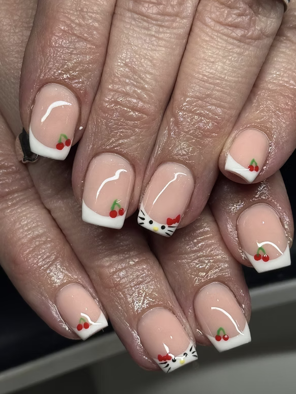 French tips with hand-painted cherries and character art