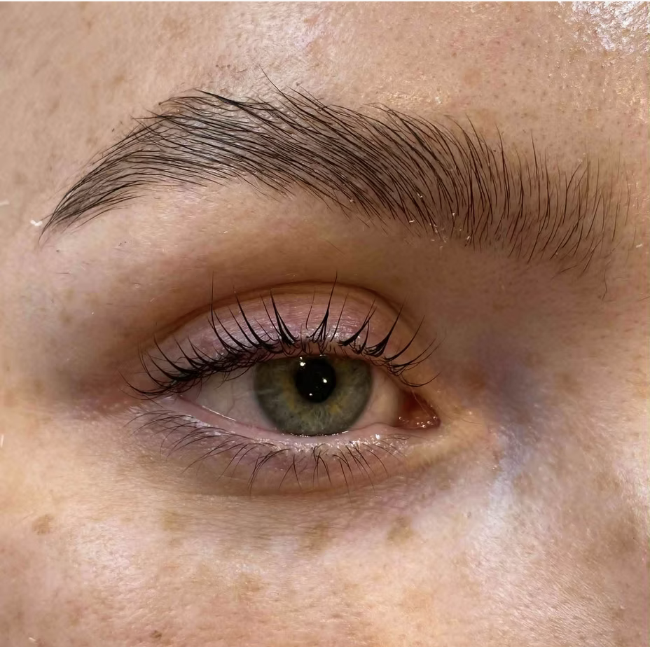 Tinted, groomed brow and natural lashes