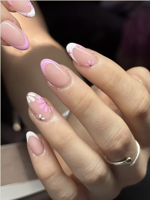 Almond nails with hand-painted pink and white florals